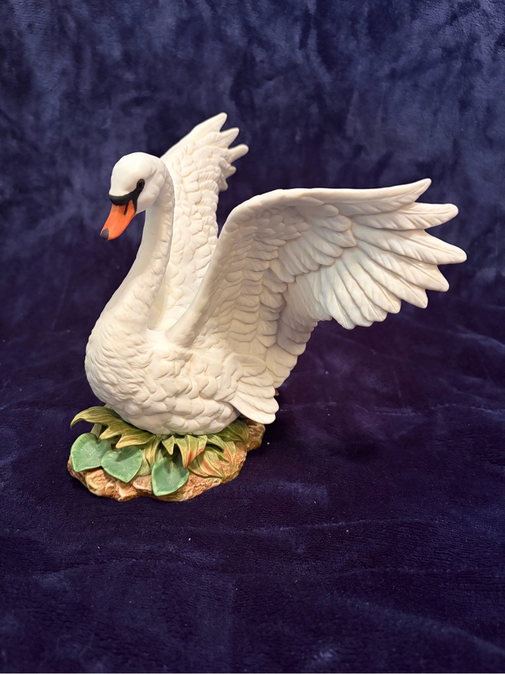 Homco White Swan Figurine with Orange Beak and Green Base